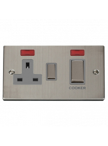 Stainless Steel 45A Cooker Switch with 13A Double Pole Switch Socket &amp; Neons VPSS505GY