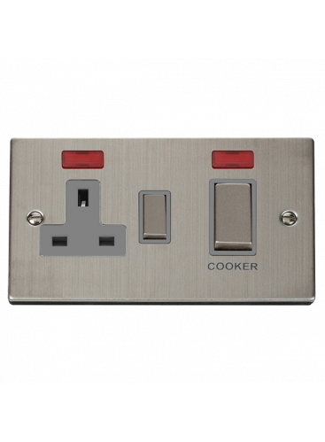 Stainless Steel 45A Cooker Switch with 13A Double Pole Switch Socket &amp; Neons VPSS505GY