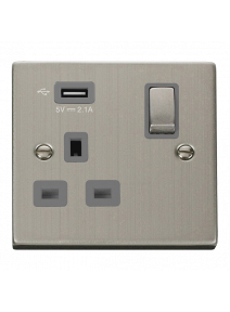 13A Stainless Steel 1 Gang Switched Socket with USB VPSS571UGY