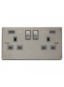2 Gang 13A Stainless Steel Switched Socket with Twin 2.1A USB Socket  VPSS580GY