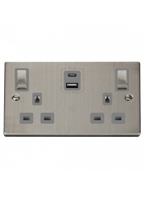 2 Gang 13A Stainless Steel Switched Socket with Type A &amp; Type C USB Sockets VPSS586GY