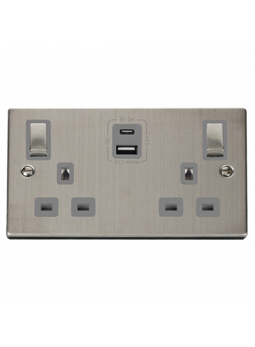 2 Gang 13A Stainless Steel Switched Socket with Type A &amp; Type C USB Sockets VPSS586GY