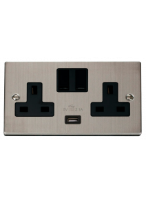 2 Gang 13A Stainless Steel Switched Socket with 2.1A USB Socket VPSS770BK
