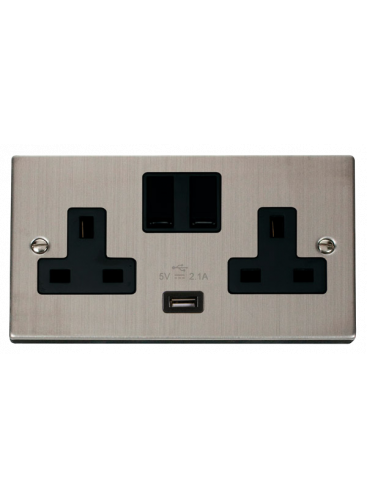 2 Gang 13A Stainless Steel Switched Socket with 2.1A USB Socket VPSS770BK