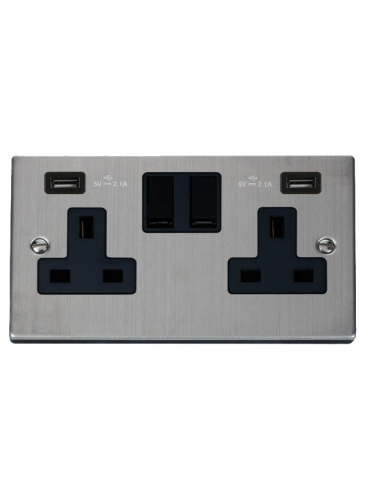 2 Gang 13A Stainless Steel Switched Socket with Twin USB Socket VPSS780BK