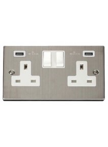 2 Gang 13A Stainless Steel Switched Socket with Twin USB Socket VPSS780WH