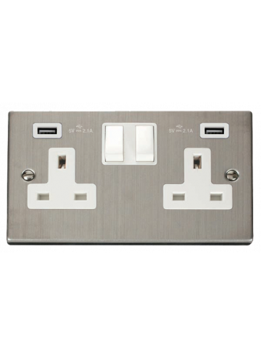 2 Gang 13A Stainless Steel Switched Socket with Twin USB Socket VPSS780WH